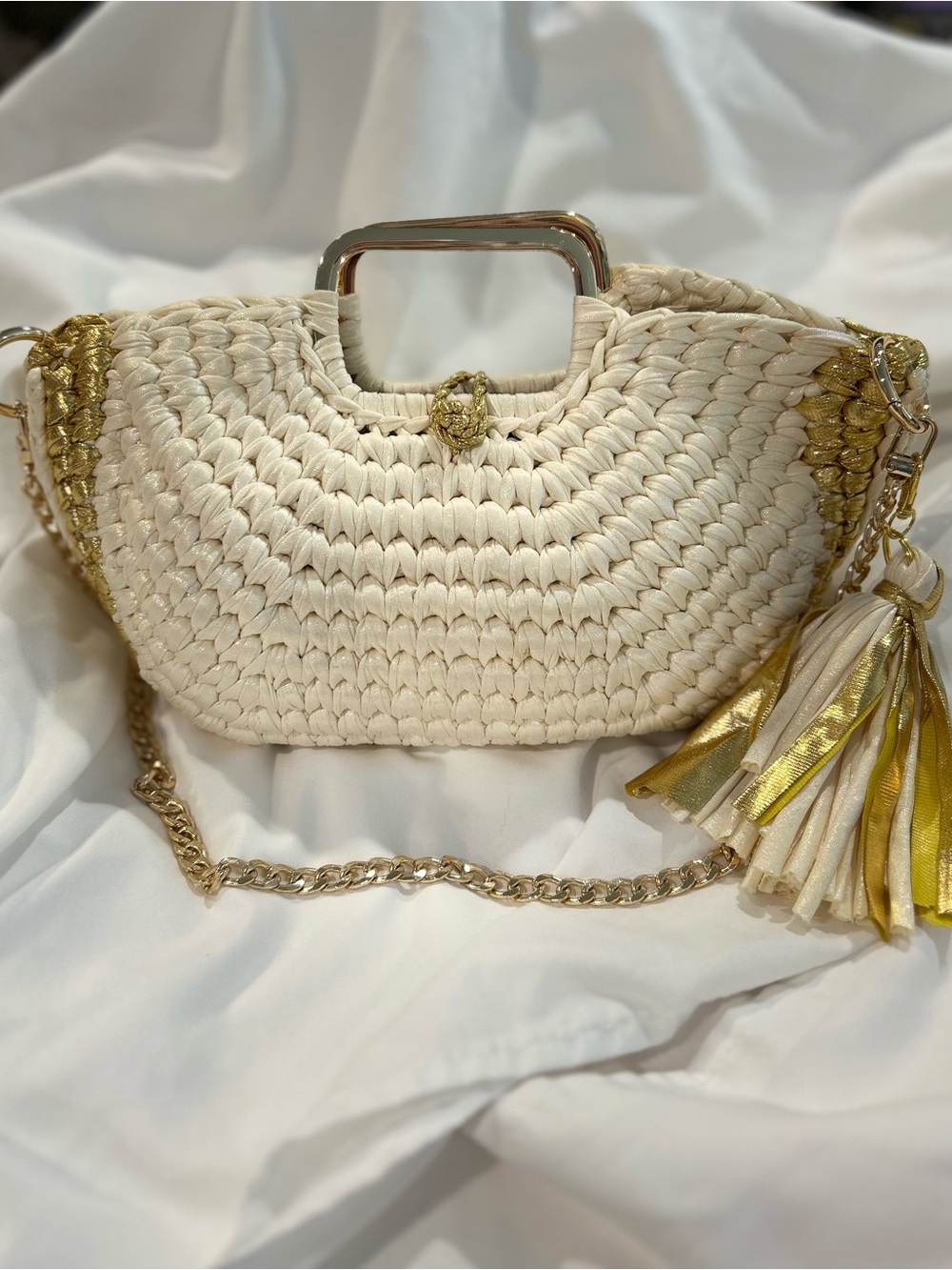 Handmade Crochet Dumpling Bag Cream Gold Metallic Cloud Clutch Tassel Boho M